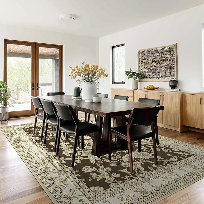 Brown Floral Print Area Rugs for Bedroom Living Room Boho Farmhouse Country Rustic Dining Room Carpet Soft Washable Rugs Non Slip Floor Covering for Nursery Playroom 7x9