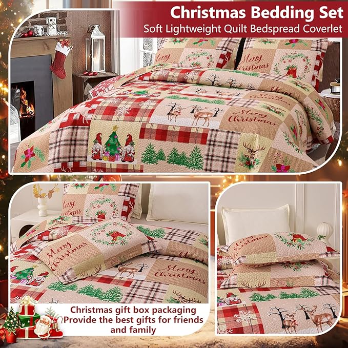 Christmas Bedding Set Twin Christmas Quilt Bedspread,Gnome Santa Claus Plaid Patchwork Xmas Quilt Set Bedding Holiday Christmas Quilts Decor Gift Elk Pattern Lightweight Reversible Bedspread Coverlet