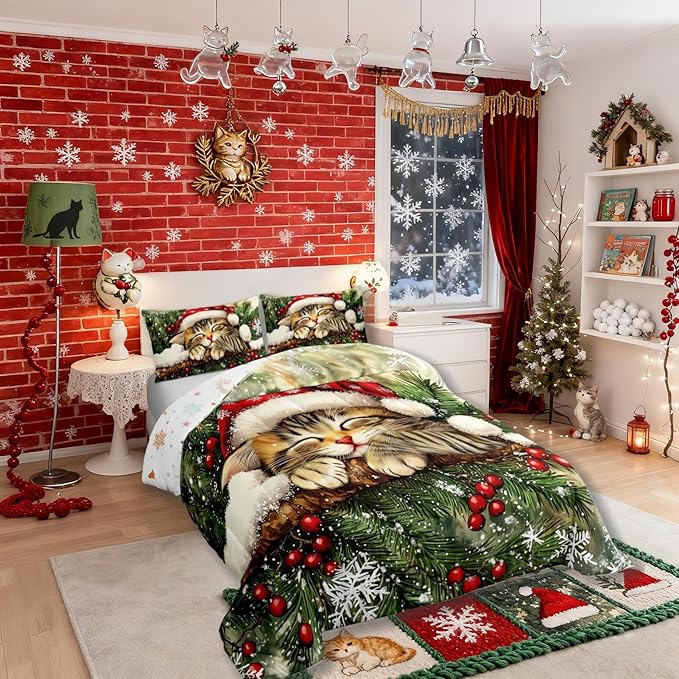 Xmas Cat Kids Bedding Set Queen Size,Snowflake Holly Berries Winter Comforter Set,Merry Christmas Poinsettia Animal Quilt Comforter,Green Yellow Bedroom Duvet Insert,2 Pillowcases