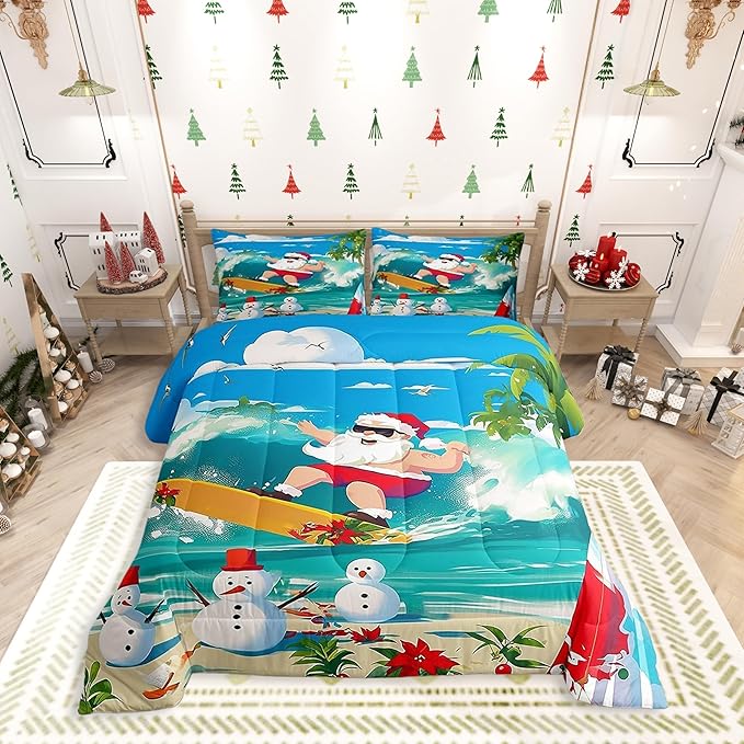 Manfei Christmas Comforter Set King Size, Santa Claus Surfing Theme Bedding Set for Kids Boy Girl Room Decor, Beach Snowman Down Comforter for All Season, Soft Polyester Quilt Set, 2 Pillowcases