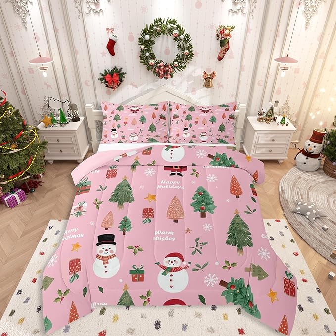 Feelyou Pink Christmas Comforter Set Toddler Size Snowman Bedding Set for Kids Boys Girls Xmas Tree Duvet Quilt Bedroom Decor Microfiber 2 Pcs with 1 Pillow Cases