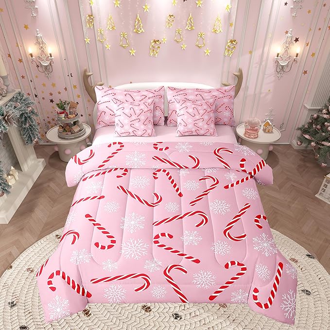 Erosebridal Xmas Candy Cane Full Bedding Set 7 Piece,Merry Christmas Bed in A Bag for Kids Boys Girls,White Snowflake Comforter Set Pink Christmas Ornaments Sheet Set with Comforter