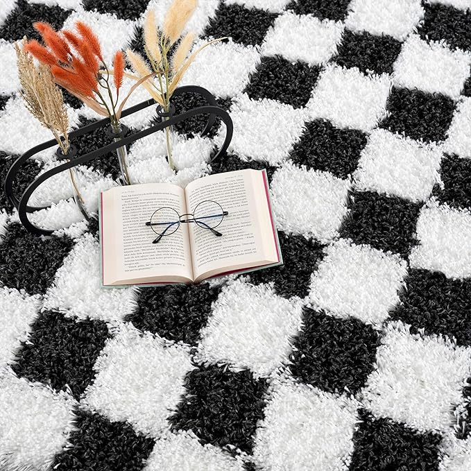 BoutiqueRugs Atira Black and White Checkered Shag Runner Rug - Modern Checkered Shag - High Pile Fluffy Shaggy Carpet for Hallway, Kids Room - White, Black - 2'7" x 10' (2x10)