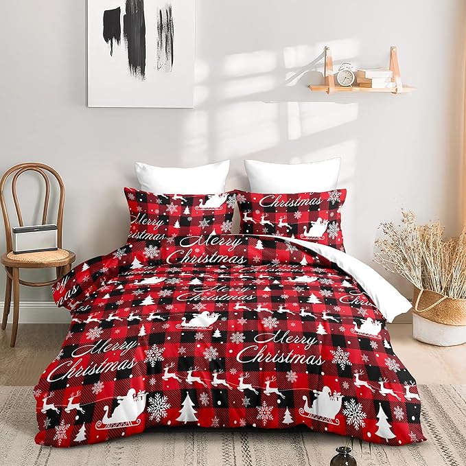 Christmas Duvet Cover King Size Red Black Gingham Bedding Set Kids Boys Girls Christmas Deer Pattern Soft Warm Comforter Cover 3 Pieces with Zipper Closure (No Comforter)
