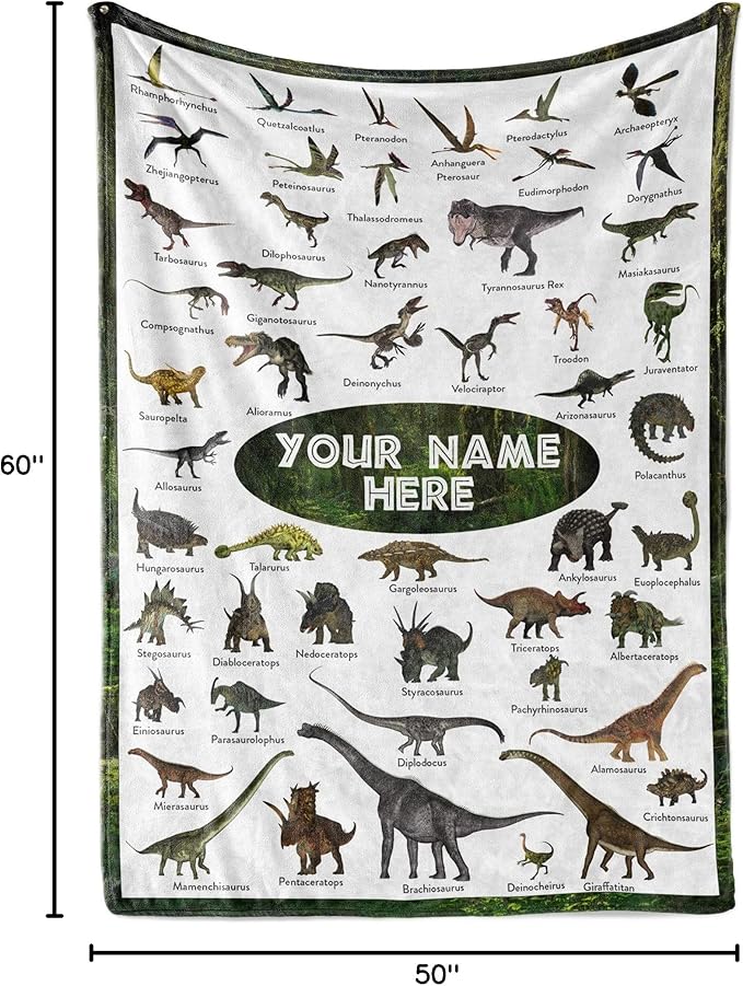 Personalized Dinosaur Blanket for Kids, Ships Next Day - Dino Throw Blanket for Boys and Girls, Toddler Bed, Room & Bedroom Decor - Educational Blankets for Children - USA Based (Fleece - 50x60)