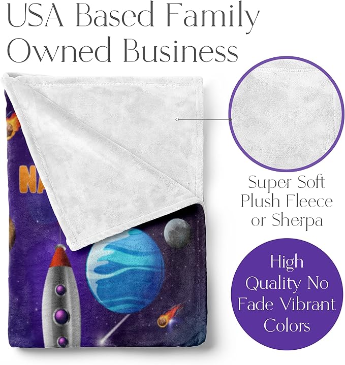 Personalized Rocket Ship Blanket for Kids, Cute Custom Name Throw for Boys and Girls, Fun Outer Space, Galaxy, and Planets, Soft and Plush, Birthday and Christmas, (Sherpa 60x80)