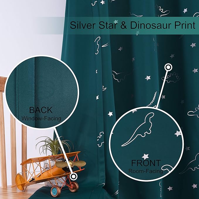 LORDTEX Dinosaur and Star Foil Print Blackout Curtains for Kids Room - Thermal Insulated Curtains Noise Reducing Window Drapes for Boys and Girls Bedroom, 42 x 84 Inch, Sapphire, Set of 2 Panels