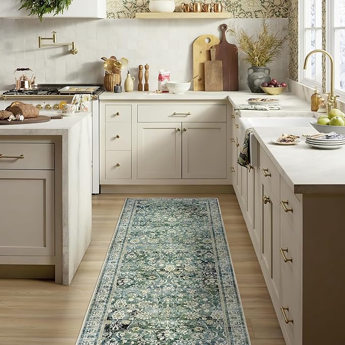 Green Washable Bathroom Hallway Runner Rug with Rubber Backing Non Slip Vintage Boho Floral Long Runners Rugs for Entryway Indoor Laundry Room Bath Floor Kitchen,2x6,24x72 Inch,Dark Emerald