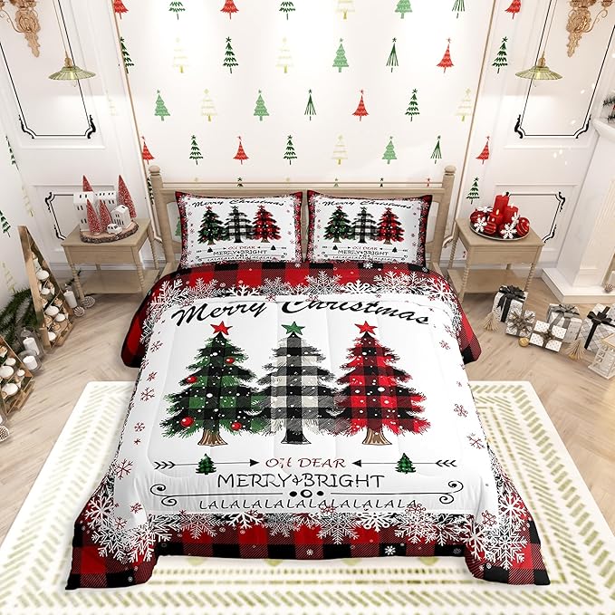 Christmas Comforter Set Full Size, Red Plaid Xmas Trees Bedding Set 3pcs , Winter Snowflake New Year Reversible Down Comforter for All Season, Kids Boys Girls Room Decor, 2 Pillowcases, No Sheets