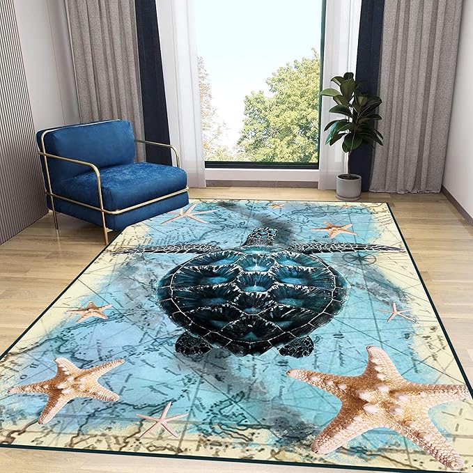 Nautical World Map Area Rug, 3x5ft, Coastal Sea Turtle Starfish Children's Rugs, Blue Ocean Themed Washable Dirty Resistant Mat, Soft Cozy Thin Easy Clean Mat for Floor Living Room