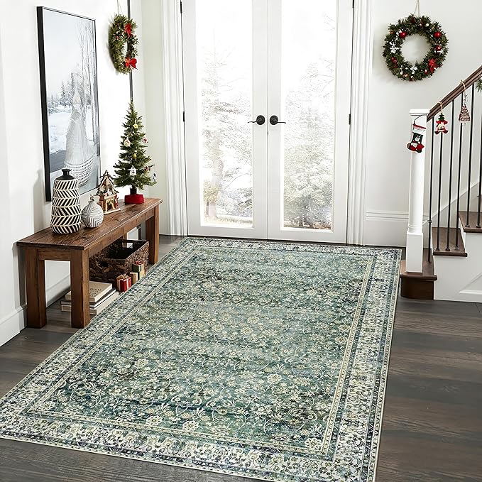 Dark Green Boho Front Door Mat for Indoor Entrance Washable Non Slip Cute Vintage Floral Aesthetic Area Rugs for Entryway Entry 4x6