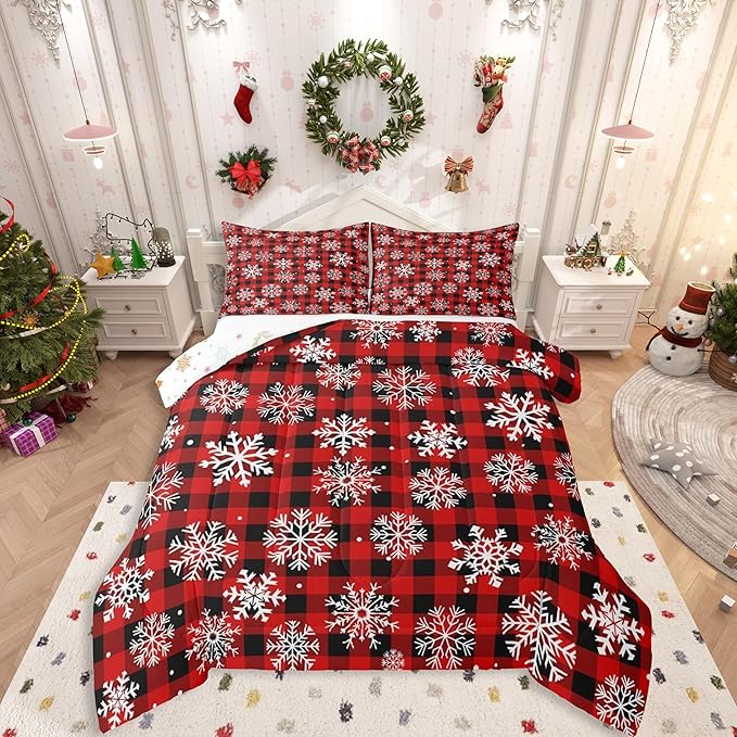 Feelyou Christmas Comforter Set King Size Red Black Plaid Bedding Set for Kids Boys Girls Winter Snow Duvet Quilt Snowflake Red Bedroom Decor Microfiber 3 Pcs with 2 Pillow Cases