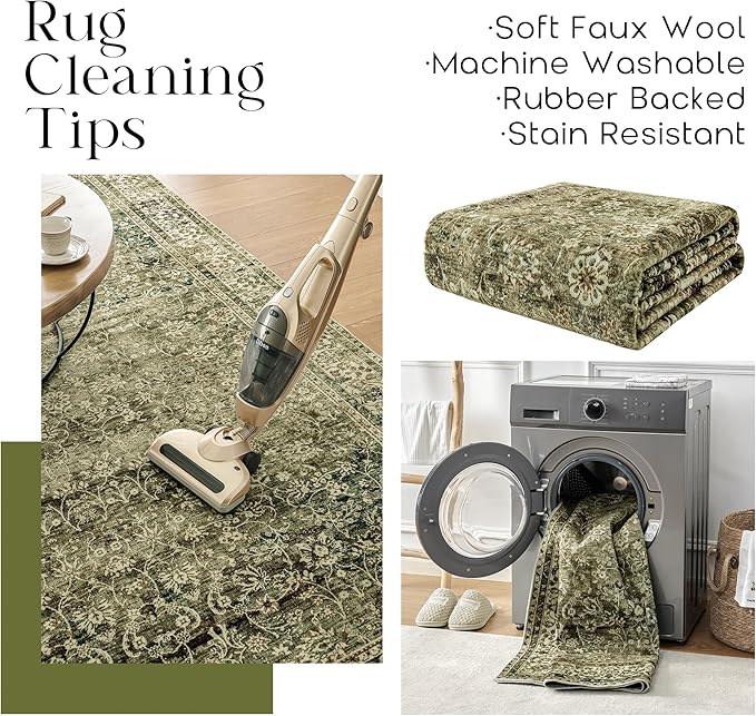 Large Boho Area Rugs 8x10 for Living Room,Low Pile Stain Resistant Neutral Vintage Faux Wool Machine Washable Rugs Carpet for Bedroom Dining Room,Olive Green and Cream