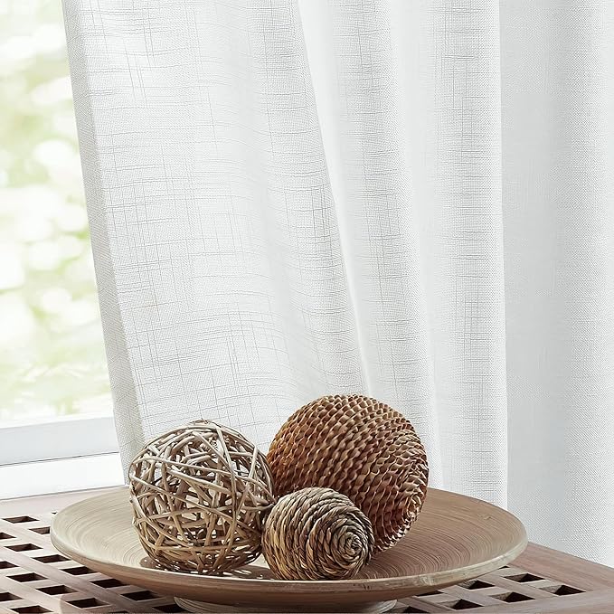 FMFUNCTEX Linen Semi Sheer White Curtains for Bedroom Living Room, Curtain Panels 63 Inch Length Sheer Linen Textured Window Drapes Farmhouse Light Filtering 2 Panels Rod Pocket