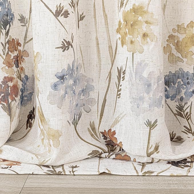 MYSKY HOME Floral Curtains 80 inch for Living Room Bedroom Linen Semi Sheer Light Filtering Privacy Protect Drapes Flower Print Farmhouse Soft Touch for Dining Room, Yellow, 52" Wide, Pack-2