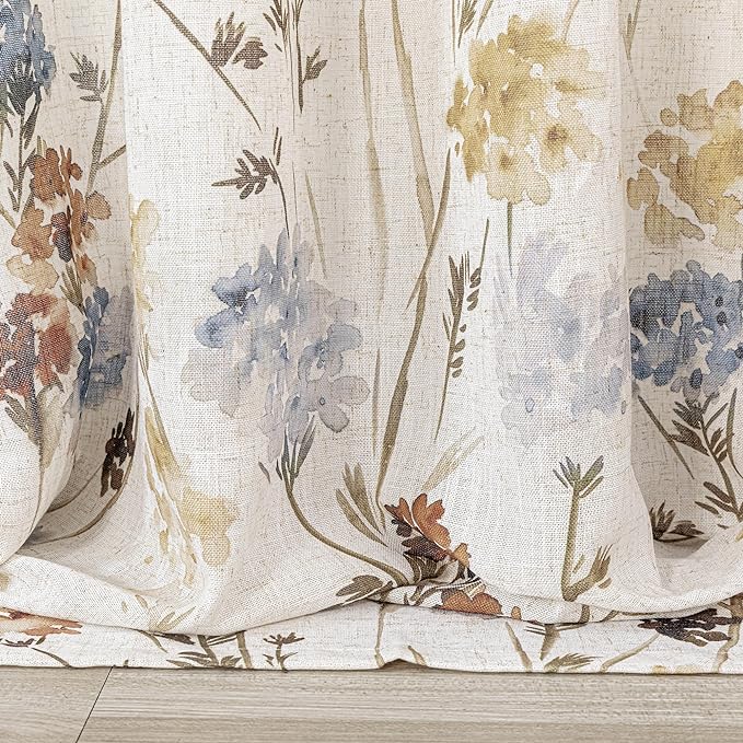 MYSKY HOME Floral Curtains 72 inch for Living Room Linen Semi Sheer Light Filtering Privacy Protect Lightweight Drapes Decor Farmhouse Soft Touch for Dining Room, Yellow, 52" Wide, 2 Panels