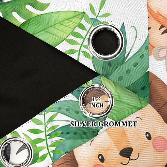 Renaiss 42 x 84 Inch Safari Animal Curtains for Kids Tropical Rainforest Lions Tigers Elephants Giraffes African Jungle Tree Green Leaf Print Window Drapes for Nursery Baby Bedroom Playroom 2 Panels