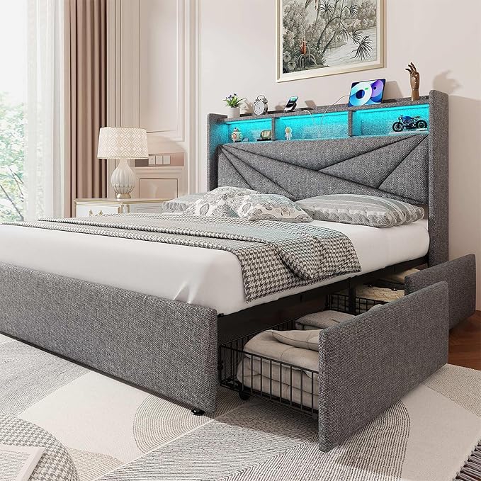 LED Queen Bed Frame with 4 Storage Drawers, Upholstered Bed Frame Queen Size with 2-Tier Headboard and Charging Station, No Box Spring Needed, Easy to Assembly - Light Grey