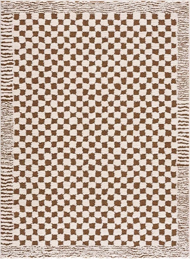 Hauteloom Leryn Living Room, Bedroom Area Rug - Checkered - High Pile - Bone - 5'3" x 7'