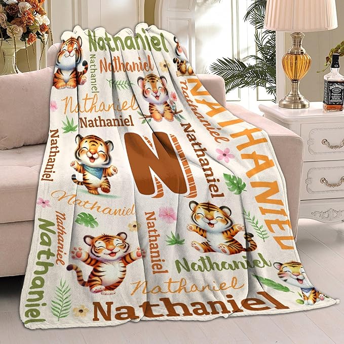 Personalized Custom Tiger Blanket Gifts for Kids Boys Girls with Name - Customized Tiger Super Soft Lightweight Flannel Sheets Decor for Crib Nap Couch - 50"x60" for Teens