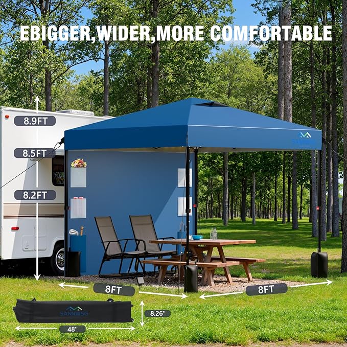 8X8 Pop Up Canopy Tent,Removable Pockets Sidewall for Extra Storage,Easy Up Canopy,Heavy Duty One Person Set Up Event Tent,Blue