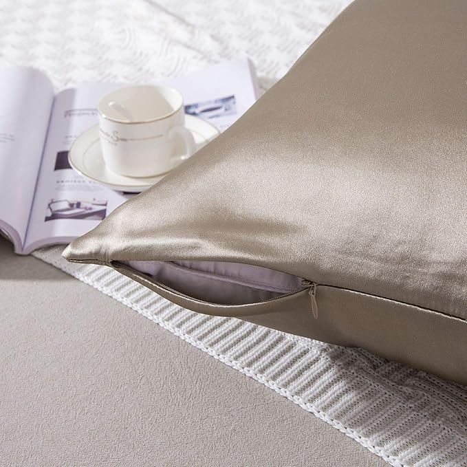 SLPBABY 100% Natural Pure Silk Pillowcase for Hair and Skin, Both Side 19 Momme Silk, Luxury Smooth Satin Pillowcase Cover with Hidden Zipper (Queen, Taupe)