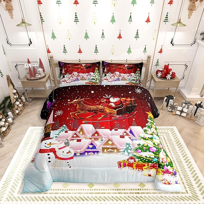 Manfei Christmas Comforter Set Twin Size, Snowman Xmas Tree Bedding Set 2pcs for Kids Boys Girls Room Decor, Santa Claus with Reindeer Quilt Set New Year Theme Duvet Set with 1 Pillowcase