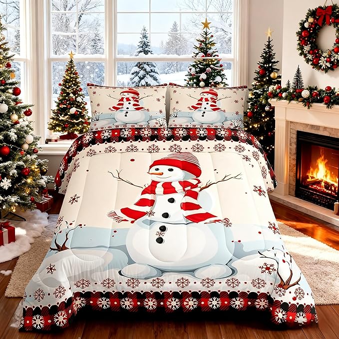 Kids Snowman Christmas Comforter Set King Size,Snowflake Romantic Bedding,Girls Boys Adults Bedroom/Xmas Cabin Decor,Geometric Grid Lattice Down Comforter,Rustic Farmhouse Duvet Insert,2 Pillowcases