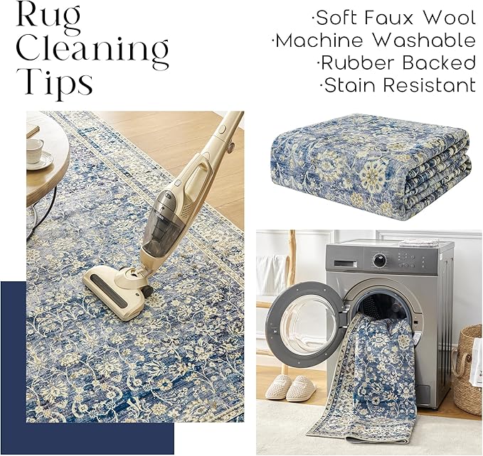 Blue Area Rug for Living Room 8x10 Washable Vintage Farmhouse Big Large Boho Distressed Carpet Rugs for Bedroom,Light Blue and Cream Polyester Rayon Cotton Blend