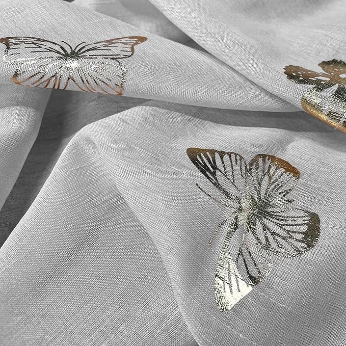 Jubilantex Grey Sheer Curtain with Gold Butterfly Pattern for Kids Room, Linen Textured Rustic Metallic Print 84 Inch Rod Pocket Window Drapes for Girls Bedroom Living Room, 2Panels