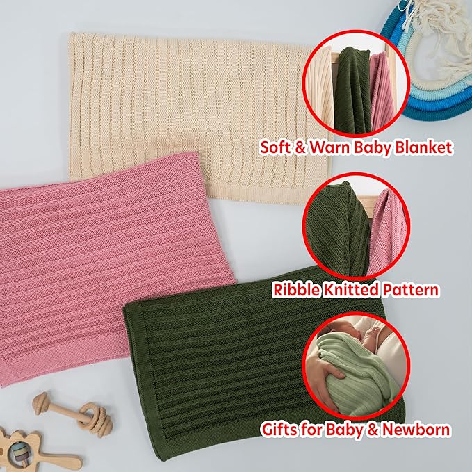 Baby Knit Blanket, 100% Cotton Ribble Patterns, Soft, Cozy, Lightweight Swaddle for Newborn & Infant Swaddling Beige Neutral, Perfect Baby Shower Ideas Sage Green 30x40