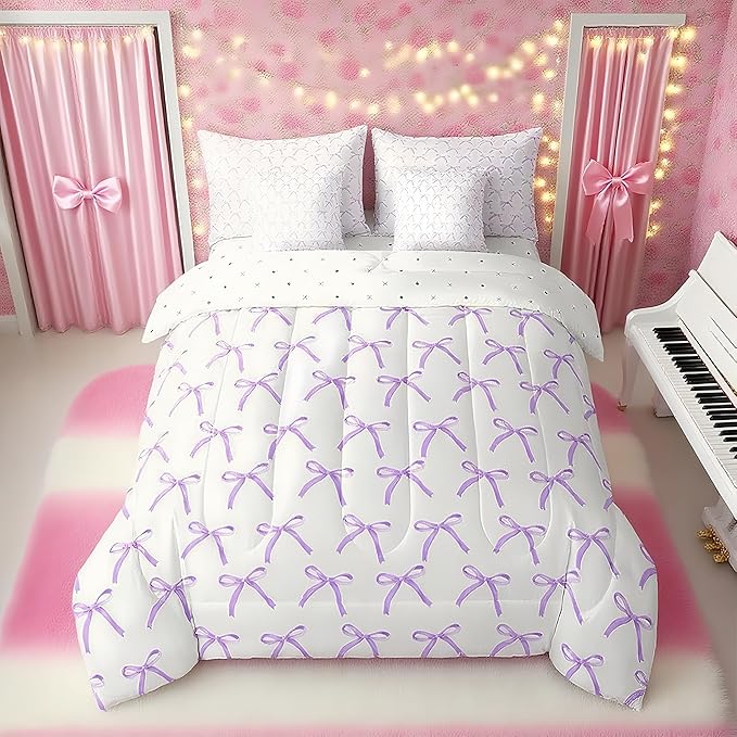Manfei 7 Pieces Cartoon Bowknot Kids Comforter King Size,Bow Tie Knot Fashion Princess Bedding Set,Cute Bow Sketch Geometric Purple Romantic（Comforter+Fitted+Flat+2 Pillowcases+2 Throw Pillow Covers）