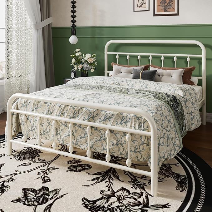 SHA CERLIN Queen Size Metal Platform Bed Frame with Victorian Style Iron-Art Headboard and Footboard, Easy Assembly, Under Bed Storage, No Box Spring Required, White