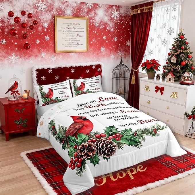 Red Cardinal Kids Bedding Set King Size,Christmas Birds Holly Pinecones Comforter Set,Berries Poinsettia Rustic Animal Quilt Comforter,White Red Green Bedroom Duvet Insert,2 Pillowcases