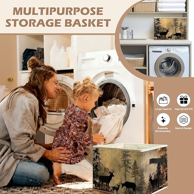 Vintage Camping Forest Deer Nursery Storage Bin Box with Handles, Farmhouse Rustic Deer Foldable Linen Fabric Laundry Basket for Kids Room Nursery Playroom Bathroom Home Clothes Toys Books