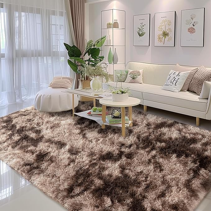 8x10 Shag Area Rug - Fluffy Fuzzy Nursery Kids Girls Room Rug - Soft Plush Furry Bedside Carpet- Tie-Dyed Brown