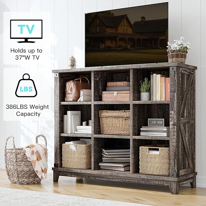 EnHomee 9 Cube Storage Organizer and Shelves, Cubby Storage Organizer, Bookshelves with Storage for Home and Bedroom, Black Oak