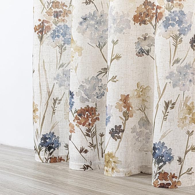 MYSKY HOME Floor to Ceiling Linen Floral Curtains 95 Inch Length 2 Panels Set Semi Sheer Light Filtering Farmhouse Flower Print Patterned Window Grommet Curtains for Living/Dining Room, Yellow, 2 Pcs