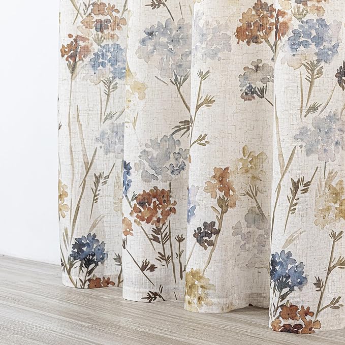 MYSKY HOME Living Room Linen Curtains 90 inch Floral Pattern Light Filtering Privacy Protect Drapes for Window Decoration Rustic Vintage Style for Family Room, 52" Wide, Yellow, 2 Pcs
