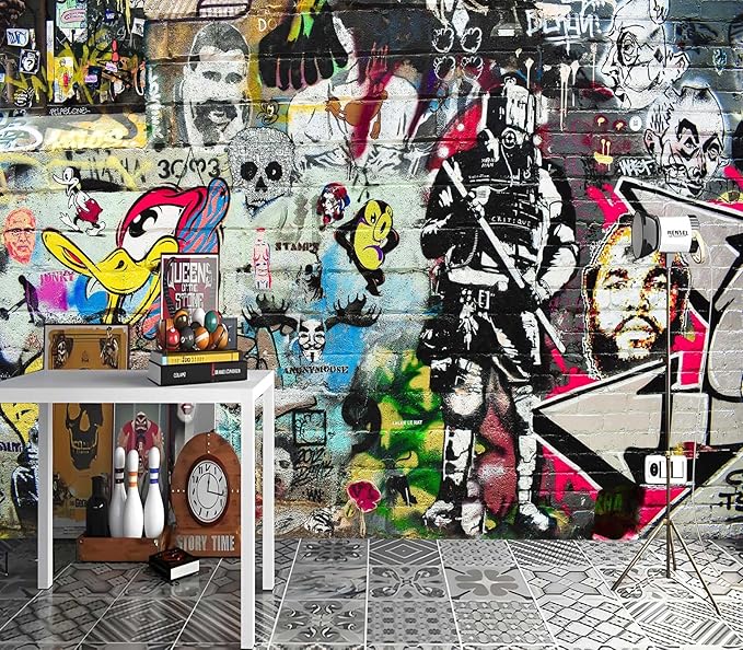 XMPMBM-Graffiti Art backsplash Large Decorative Wallpaper Bedroom Bathroom Nursery Room Wall Mural- W 154" X H 105" L- W 154" X H 105"（112 Square Foot）