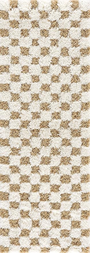 Hauteloom Atira Contemporary Checkered Fluffy Shag Area Rug - Modern Geometric Carpet Tiles for Living Room, Kids Room, Nursery - Plush Pile - Light Mustard,Cream - 4' x 6'