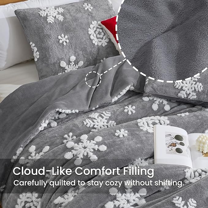 Amélie Home Christmas Comforter Set Queen, Fluffy Fleece Bedding Set with Christmas Snowflake, Grey Plush Comforter for Winter, 3 Pieces, 1 Soft Comforter and 2 Pillow Shams