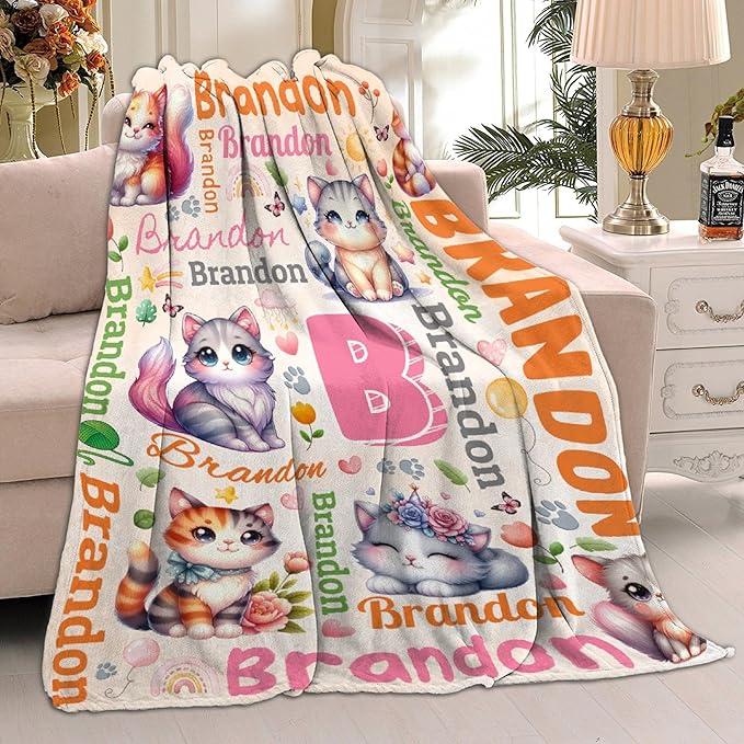 Personalized Custom Cat Blanket Gifts for Kids Boys Girls with Name - Customized Cat Super Soft Lightweight Flannel Sheets Decor for Crib Nap Couch - 60"x80" for Adult