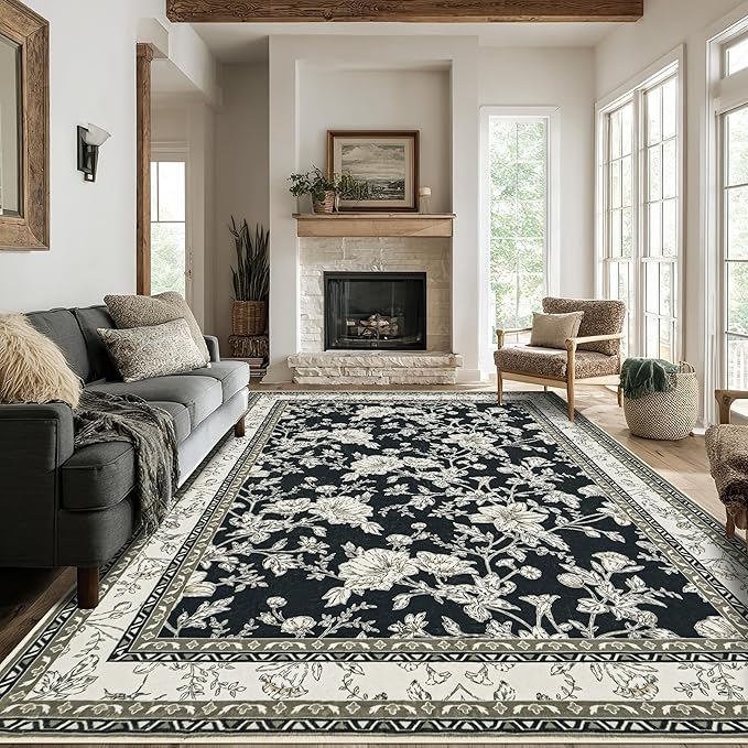 Black Floral Rug 5x7 Machine Washable Area Rug for Living Room Vintage Boho Farmhouse Low Pile Distressed Carpet for Dining Room, Bedroom Indoor Non-Slip Black Beige Taupe Flower Design Home Decor