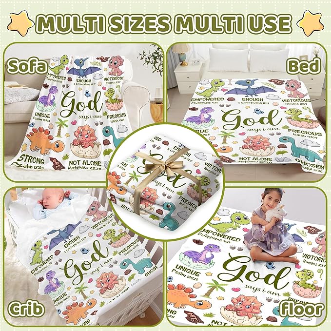 Dinosaur Blanket for Boys,God Says I Am Dinosaurs Throw Blanket,Dinosaur Gifts for Girls Baby,Meaningful Thoughtful Religious Baptism Christian Gifts,Bible Verse Quilt, 40"x50" for Kids