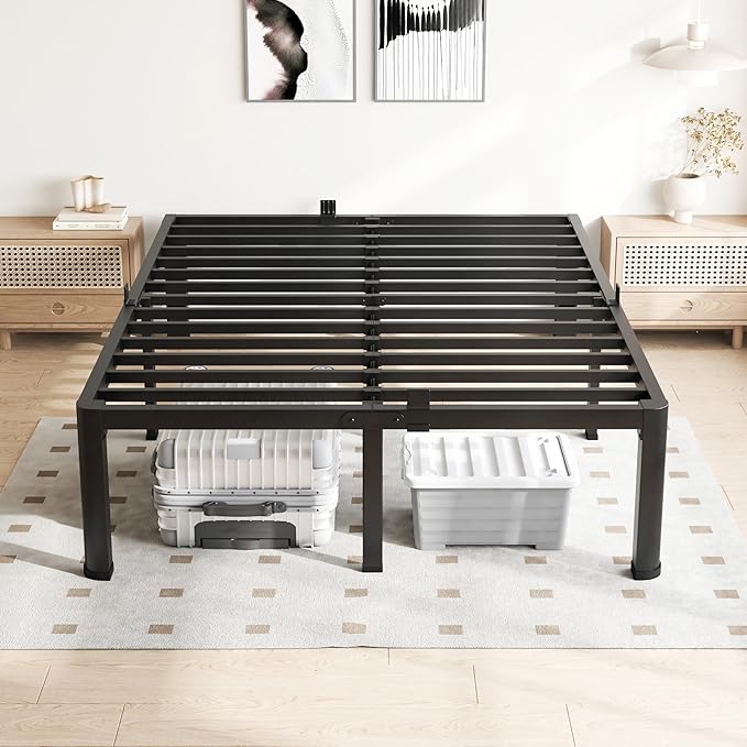 16 Inch Queen Bed Frame, 3500Lbs Heavy Duty Metal Platform with Round Corner Legs Mattress Slide Stopper, Steel Slat Support No Box Spring Needed, Noise Free, Non-Slip, Easy Assembly