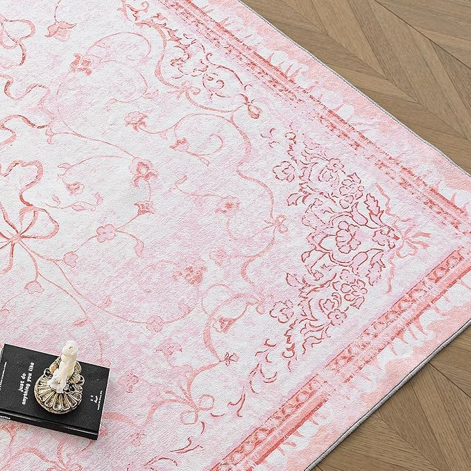 Pink Rug for Office Under Desk Rolling Chairs 4x6 - Small Classroom Rug Reading Corner,Washable Bow Floral Hardwood Floor Mat for Baby Nursery Bedroom