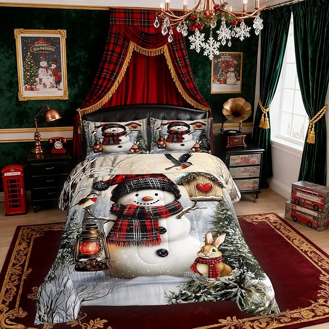 Kawaii Snowman Comforter Set Full Size,Rabbit Bird Winter Poinsettia Kids Bedding Set,Pine Tree Xmas Animal Snowflake Quilt Comforter,Gray Green Duvet Insert,2 Pillowcases