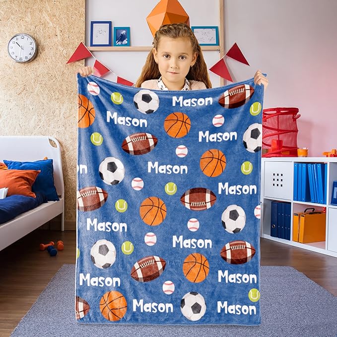 Personalized Ball Blanket with Name for Boys, Custom Name Blanket for Teen Ball, Soft Flannel Ball Blankets Customized Gift for Birthday 50"x60"