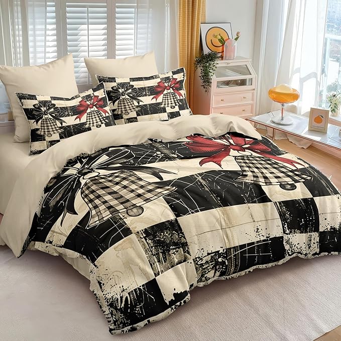 Christmas Duvet Cover Twin Size Retro Christmas Bell Gingham Bedding Set Kids Boys Girls Xmas Happy Holiday Checked Pattern Comforter Cover 2 Pcs with Zipper Closure (No Comforter)
